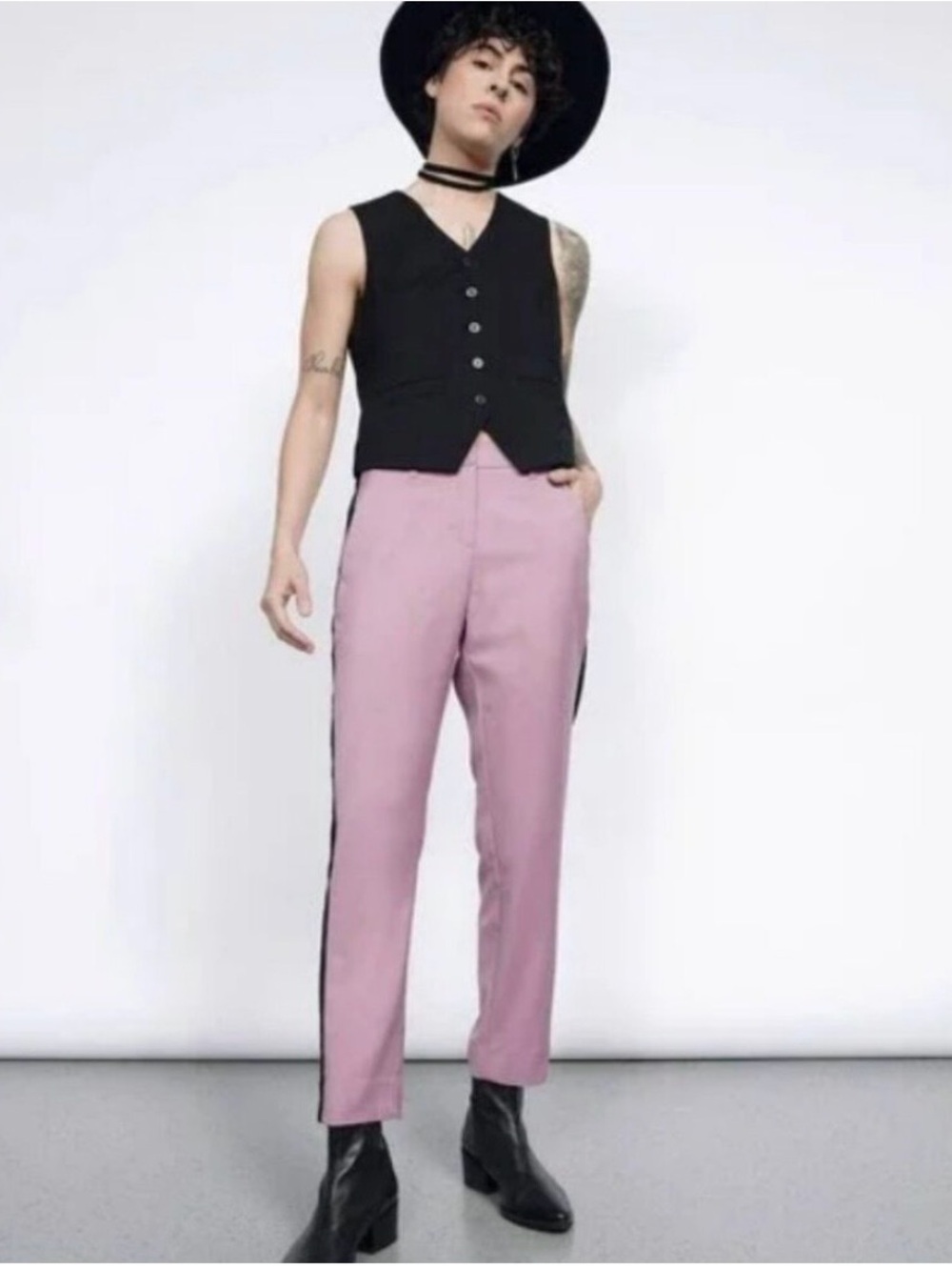Wildfang Pink Tuxedo Crop Pants with Black Side Stripe New